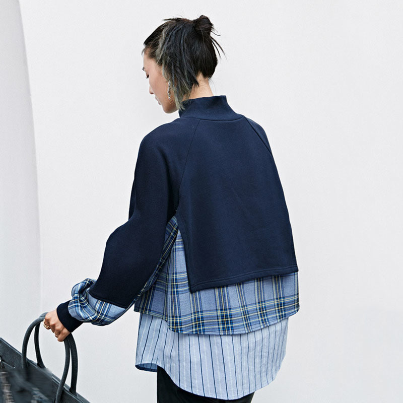 LANMREM new navy blue plaid patchwork stand collar casual loose Korean style sweatershirt autumn fashion tide for women 2A1236 201102