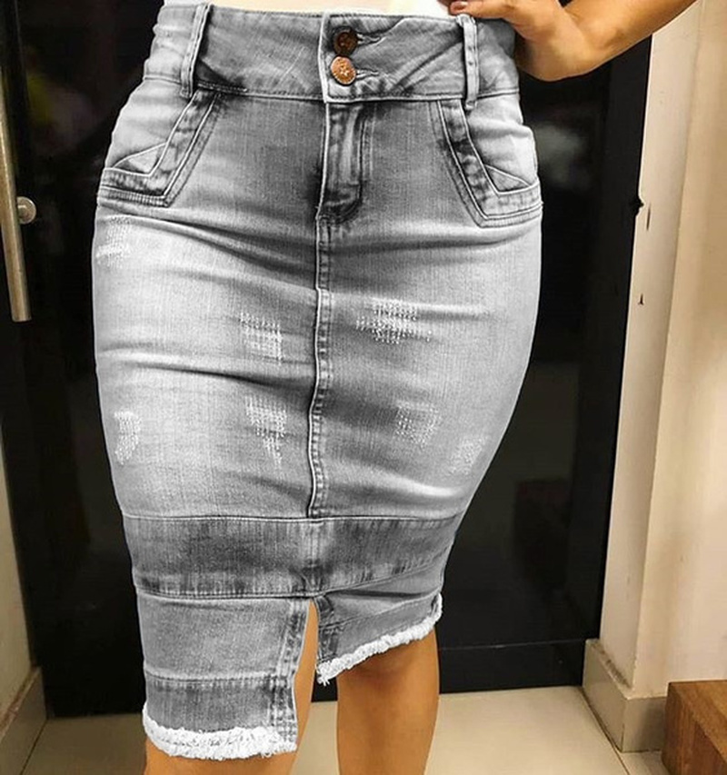 Denim Skirt Women Fashion Casaul Stretch Knee Length Washed Denim Skirts Plus Size Pockets Pure Color Splited Female Skirts 210315