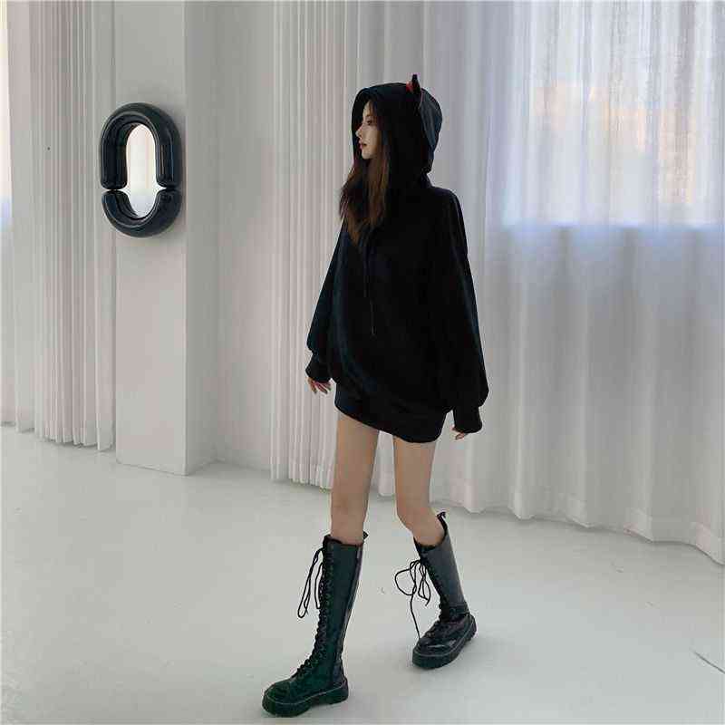 Cat ear Sweatshirt women's fashion Plush autumn and winter clothes Korean loose hooded jacket medium length womens winter tops 211109