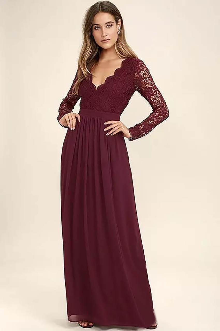 2021 Western Country Style Maroon Chiffon Bridesmaid Dresses Burgundy Lace Long Sleeves V-Neck Backless Beach Wedding Party Dresses Cheap