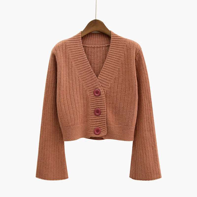 Cardigan Fall Long Flare Sleeve Short Sweater Women Ribbed Knitted Cotton Tops Black White Ladies Soft Outwear Female 10937 210528wtt