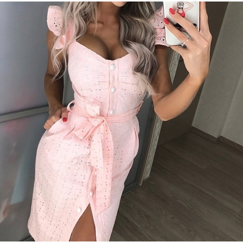 Women White Dress Lace Up Sexy Midi Vestidos Ruffles Sleeveless Bodycon Female Dresses Buttons Belt Elegant Ladies Clothes 210303
