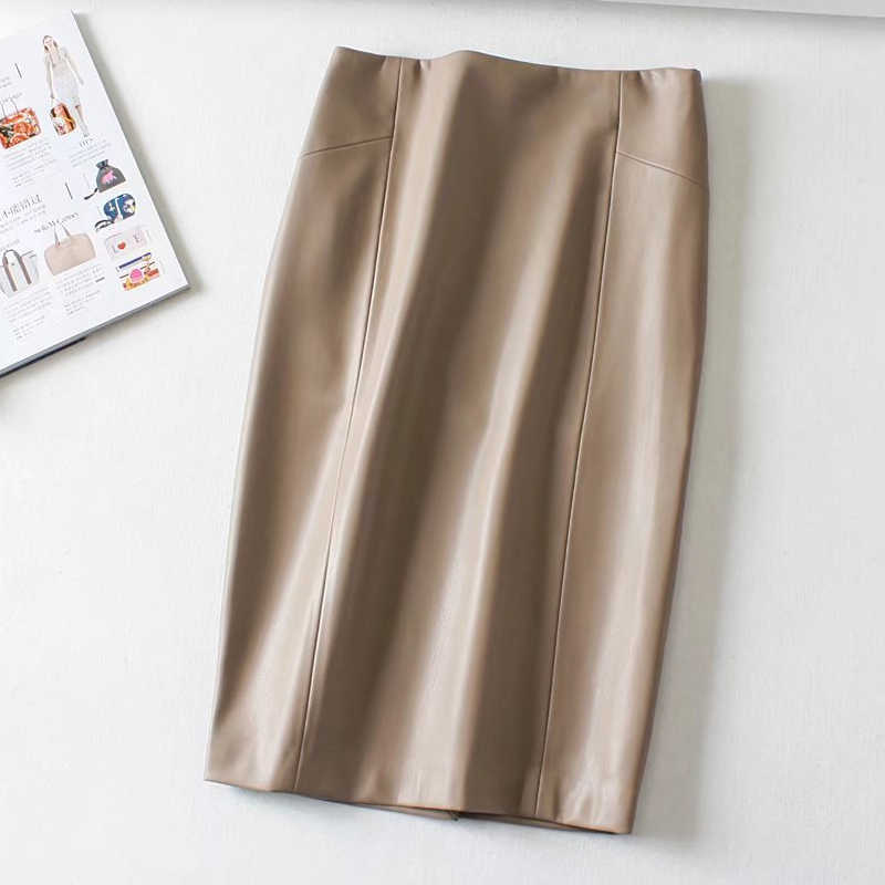 Women Sexy Soft PU Leather Pencil Midi Skirt Autumn Ladies Package Hip Back Split Faux Burgundy Coffee 210619