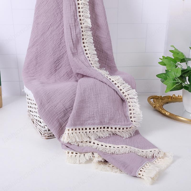 Baby Tassel Swaddling Blankets Newborn Muslin Windscreen Shawl Solid Candy Lace Double Cotton Gauze Cover Kids Fringe Bath Towel Nursery Bedding 19 Co