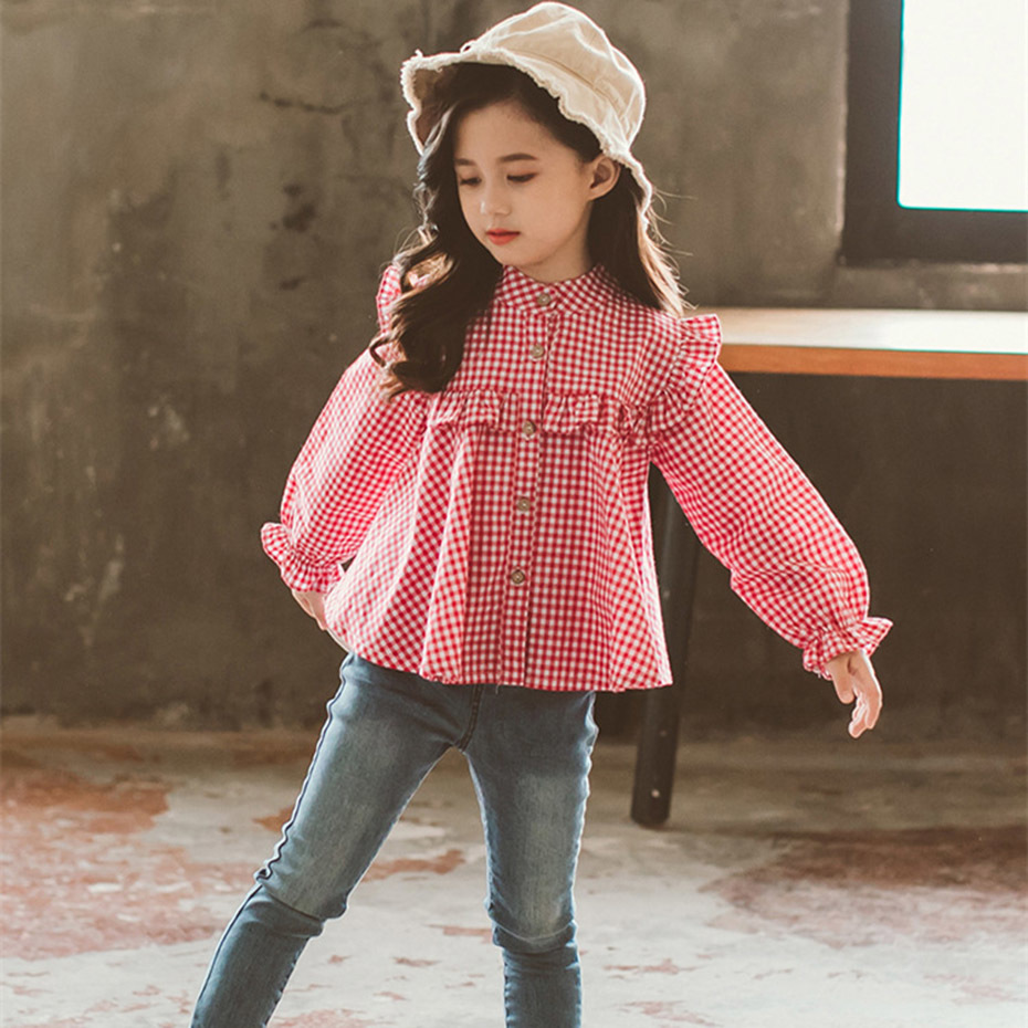 Girls Blouse Plaid Pattern Blouse Girl In School Ruffle Blouse Long Sleeve Spring Autumn Children Shirt 210306