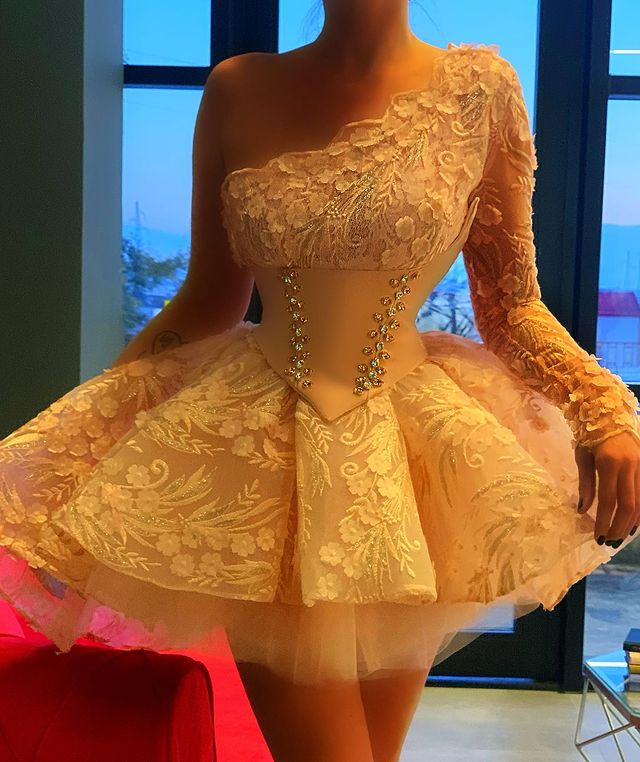Aso Ebi 2021 Arabic Lace Crystals Evening Dresses One Shoulder Prom Dresses Short Sexy Formal Party Second Reception Gowns ZJ677