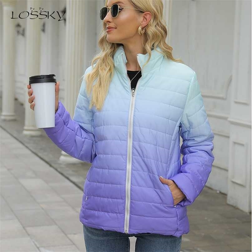 Fashion Women Winter Zipper Jacket Casual Slim Warm Padded Coat Elegant Long Sleeve White Gradient Streetwear Jackets 211013