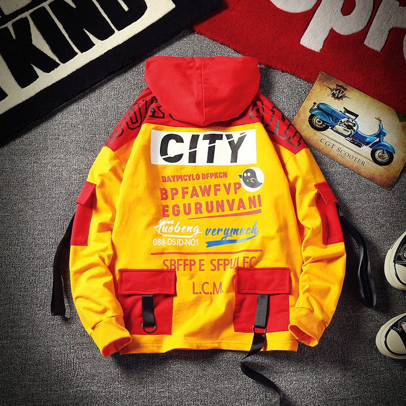 Printed Hoodie Men Streetwear High Street Hoodies with Pockets Mens Patchwork Hooded Sweatshirt Autumn Men Fashion Tops 201127