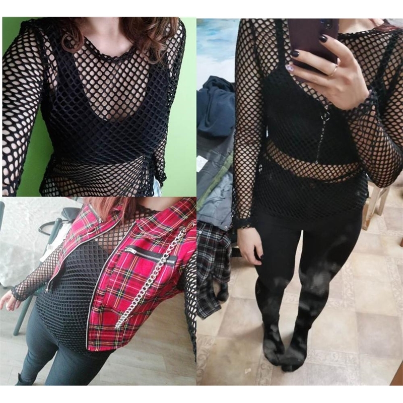 Rosetic Sexy Fishnet Tops Women Black Sexy Gothic Mesh Hollow Out Long Sleeve Top Ripped See Through Summer Ladies Shirt