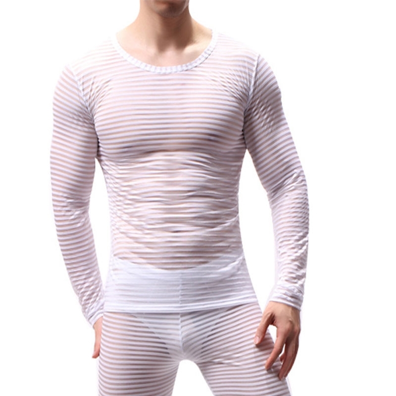 Sexy Mesh T Shirt Mens Transparent Long Sleeve See Through Striped Sleep Undershirts Muscle Perform Top Tees Nightwear 210629