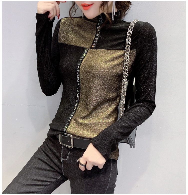 Spring T-shirt Women Shiny Diamonds Letters Color Block Mock Neck Long Sleeve T shirt Tops Tee Casual T02403B 210302