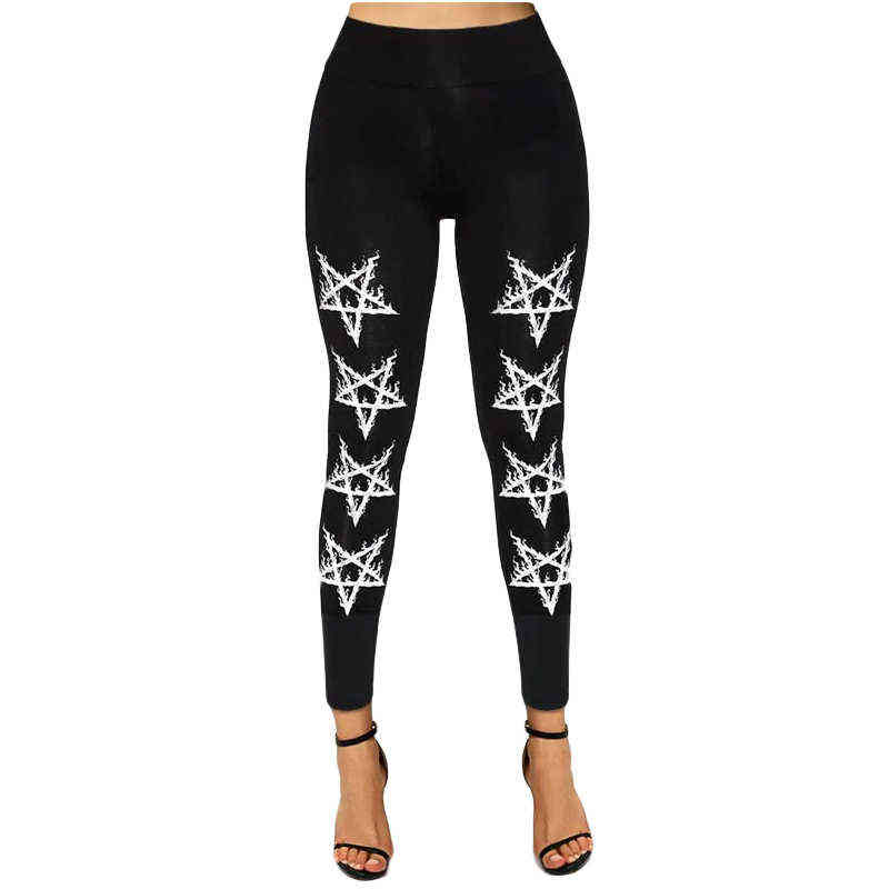 Women Leggings Fashion Gothic Bodycon Pants Summer Black Streetwear High Waist Five-pointed Star Print Woman 211215