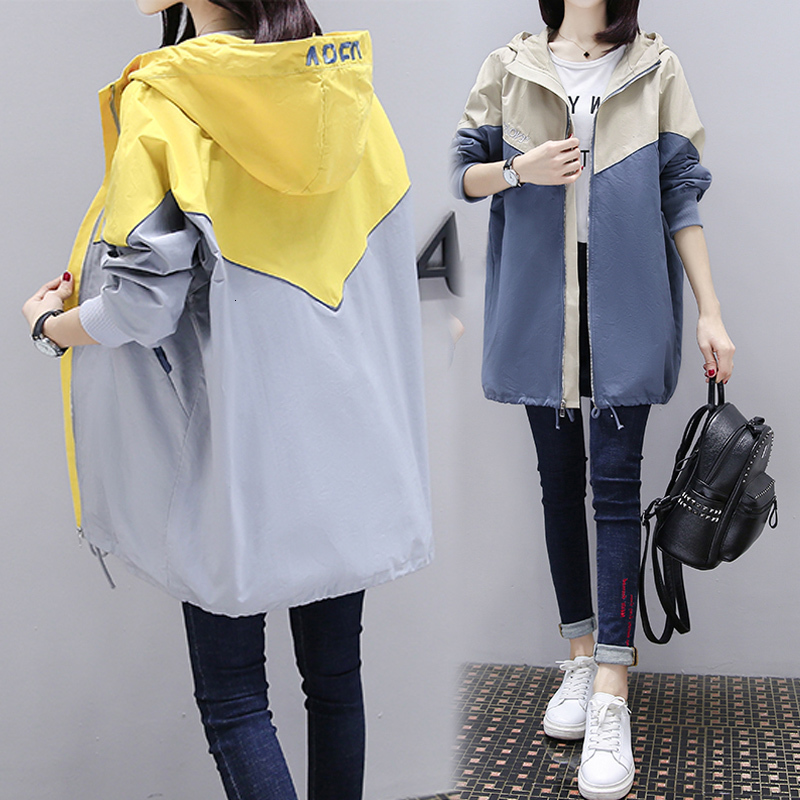 2021 Nouvelles femmes trenchcoat Spring Spring Overdized Automne Femme Capuche Moyenne Moyens Mesdames Dames Casual Patchwork Couleur Plus Taille