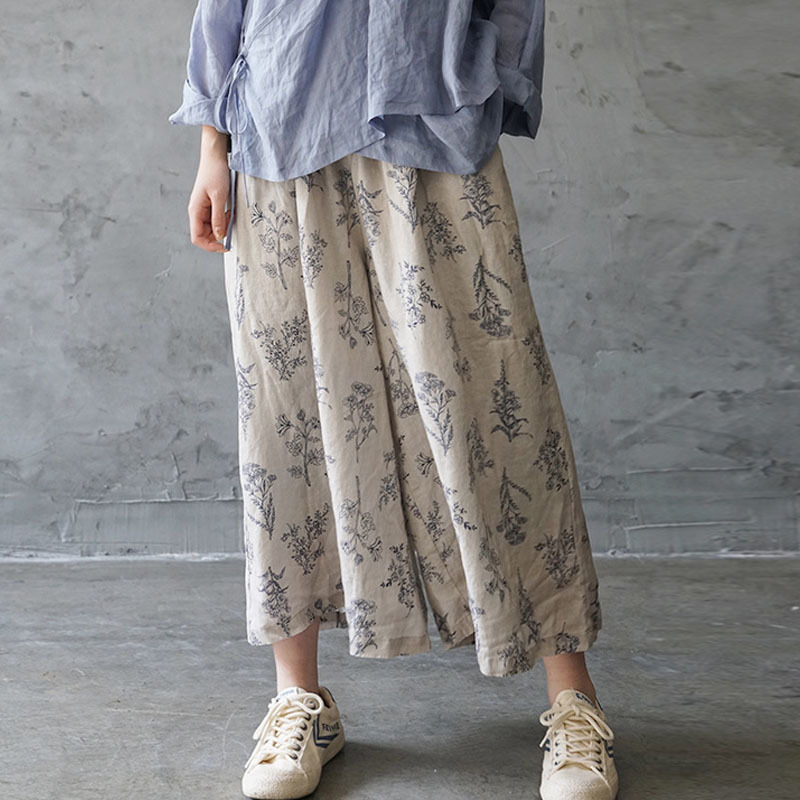 Johnature Summer Retro Floral Print Elastic Waist Cotton Linen Wide Leg Pants New Loose Comfortable Allmatch Women Pants 201012