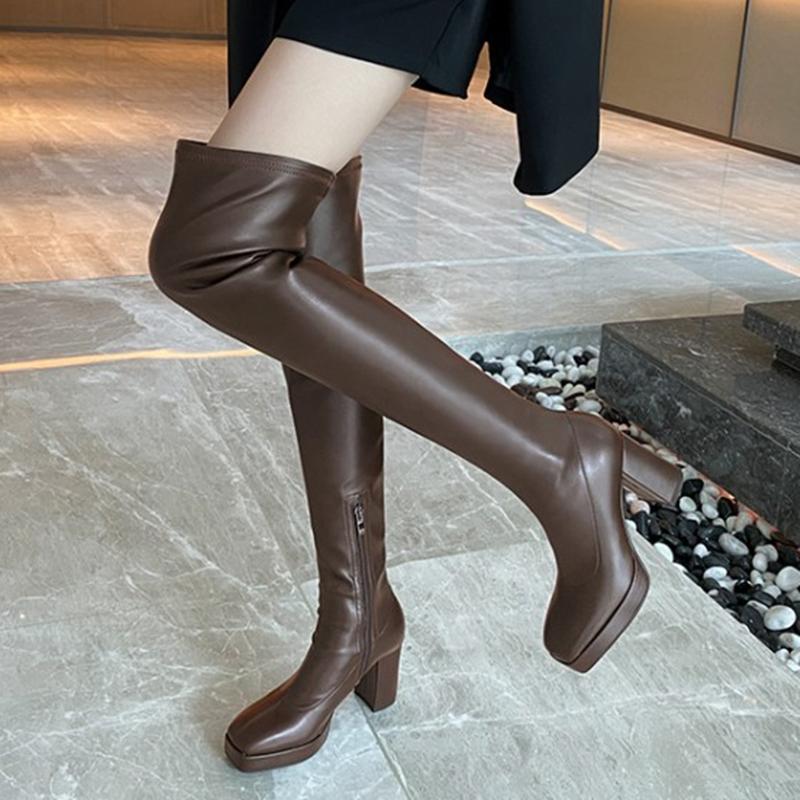 Boots Concise Fashion Long Genuine Leather Women Square Toe Platform Thigh High Black Chunky Heel Winter
