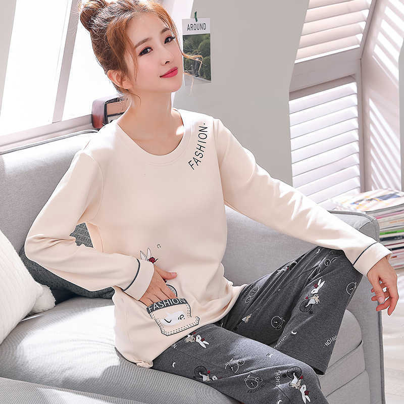 Autumn Pajamas For Women Knitted Cotton Pajama Set Homewear Pijama Mujer Long Sleeve Casual Soft Big Size Female Sleepwear 210924