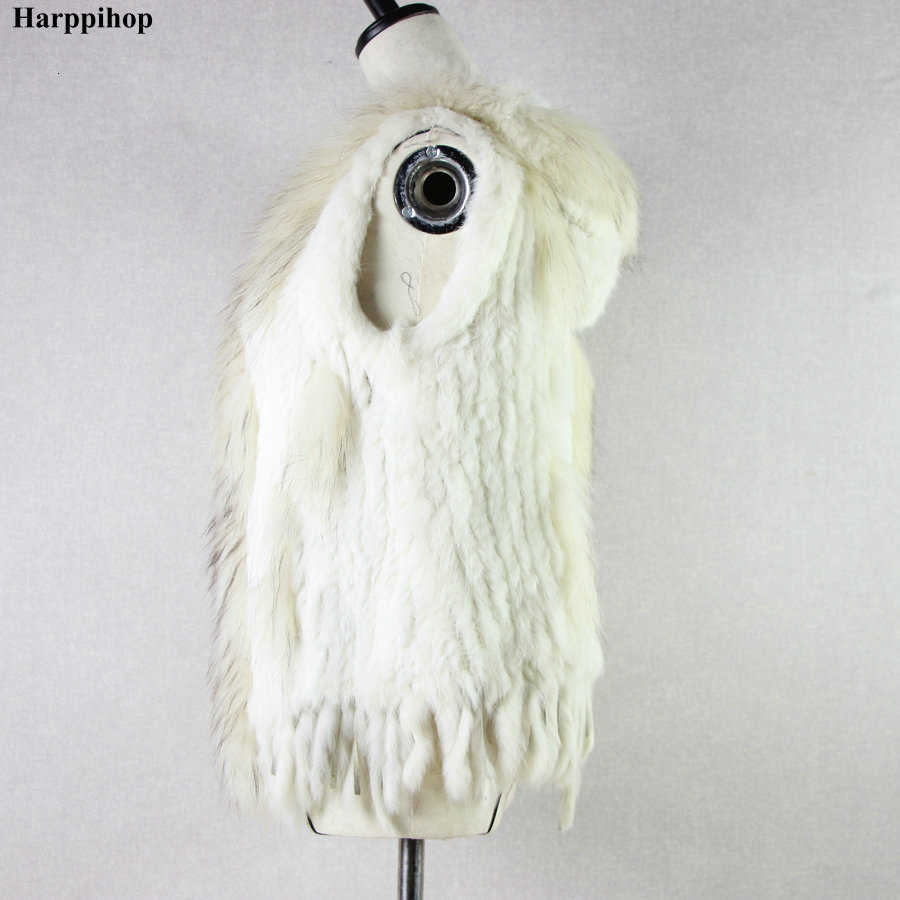 Harppihop fashion rabbit fur vest raccoon trimming knitted vest with hood waist coat gilet T191118