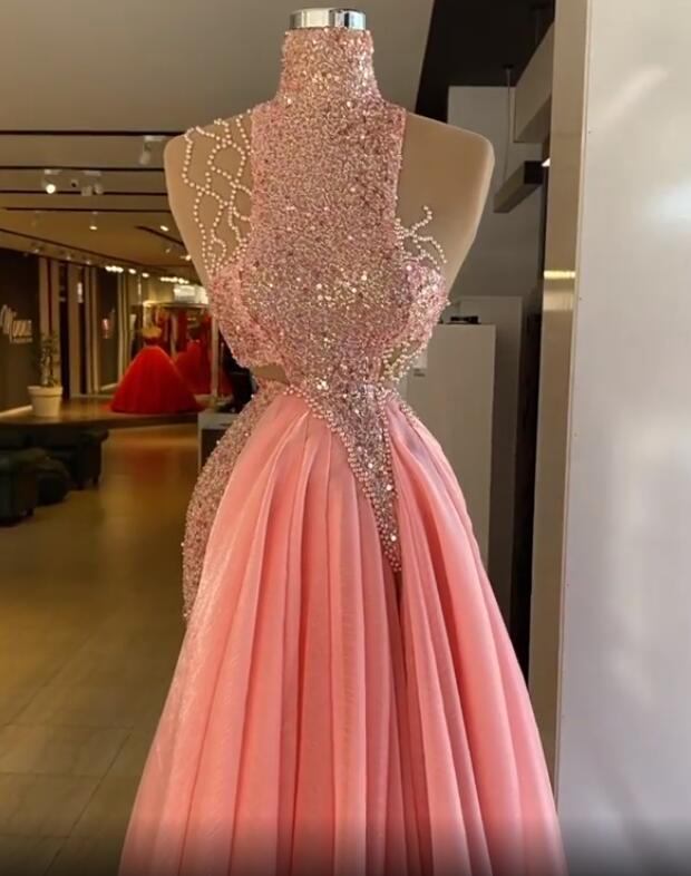 aso ebi 2021 arabic coral sexy sparkly evening dresses beaded aline prom dresses high neck chiffon formal party second reception gowns zj22