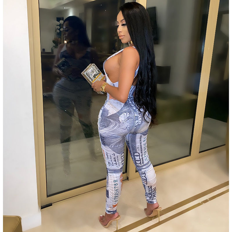 ANJAMANOR Ladies Jumpsuits Money Printed Deep V Ruched Bodycon Rompers Fall Women Sexy Club Outfits Dropshipping D6DA32 201007