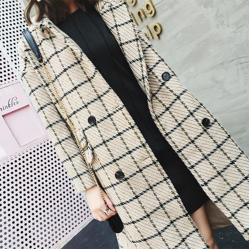 Women Blend Coat Loose Double Breasted Notch Collar Plaid Khaki Houndtooth Pocket Button