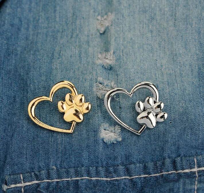 Silver Gold Color Love Heart Paw Lapel Pin Pet Paw Print Pet Loss and Pet Memorial Pins Jewelry Dog Cat Lover Gifts GC77