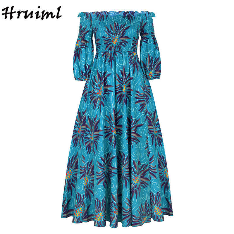 African Dresses for Women Fashion Floral Print Slash Neck Three Quarter Sleeve Maxi High Waist Vintage Long Autumn 210623