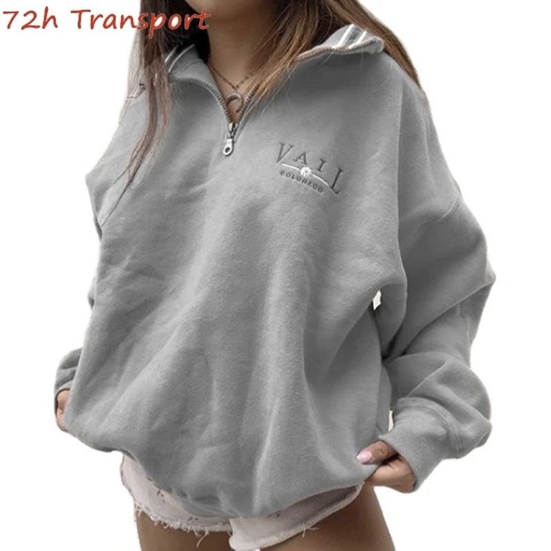 Autumn Gray Letter Embroidery Sweatshirt Women Oversized Vintage POLO Collar Casual Pullovers New Girls Warm Cotton Winter 201204
