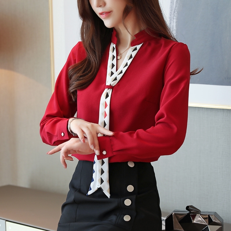 Dingaozlz blusa feminina Elegant Chiffon shirt Long sleeve Ladies blouse Red White Office lady shirt Patchwork Women Tops T200321