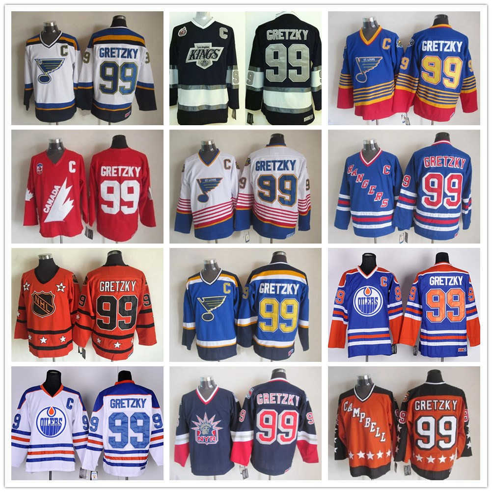 Ice Hockey 99 Wayne Gretzky Jersey Men Rangers LA Kings Oilers St. Louis Blues Wayne Gretzky Jerseys All Star Blue White Red