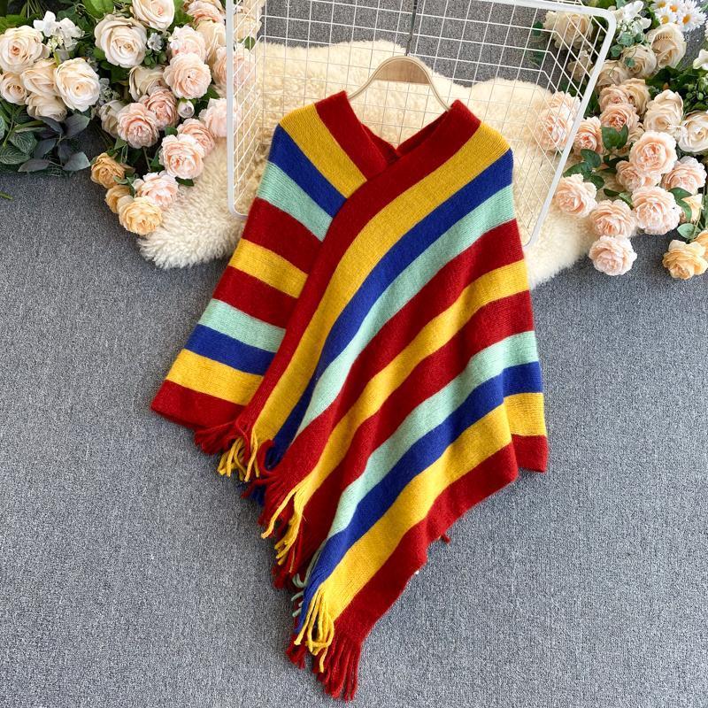 Foamlina Soft Warm Sweater Pullover Women 2021 Spring Autumn Multi-color Striped Knitting Capes Cloak V-neck Tassels Loose Coat Women's Swea, Picture color
Foamlina Soft Warm Sweater Pullover Women 2021 Spring Autumn Multi-color Striped Knitting Capes Cloak V-neck Tassels Loose Coat Women's Swea, Picture color