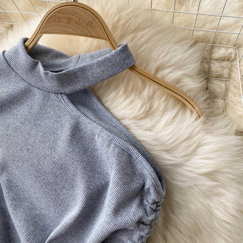 DEAT Women Single Side Long Sleeve Drawstring Dress Round Neck Short Sleeve Arrivals Lady Fashion Spring Summer 11D 210709