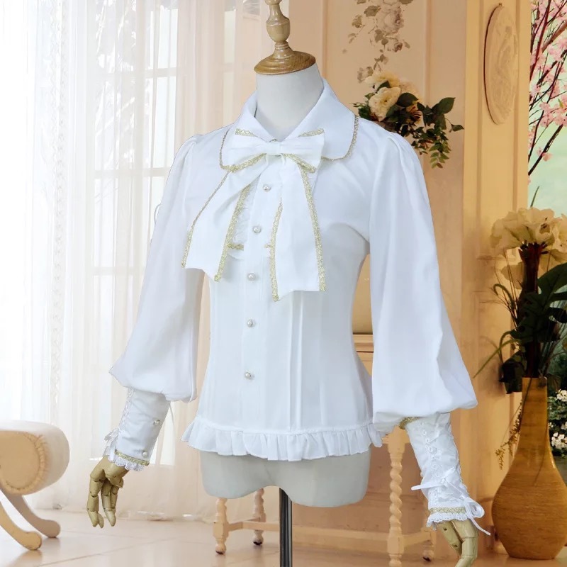 Dress Shirt Steampunk Victorian Costume Women Vintage Slim Fit Chiffon Blouse Lolita Bow Tie Lantern Sleeves Top Braid For Lady 210225