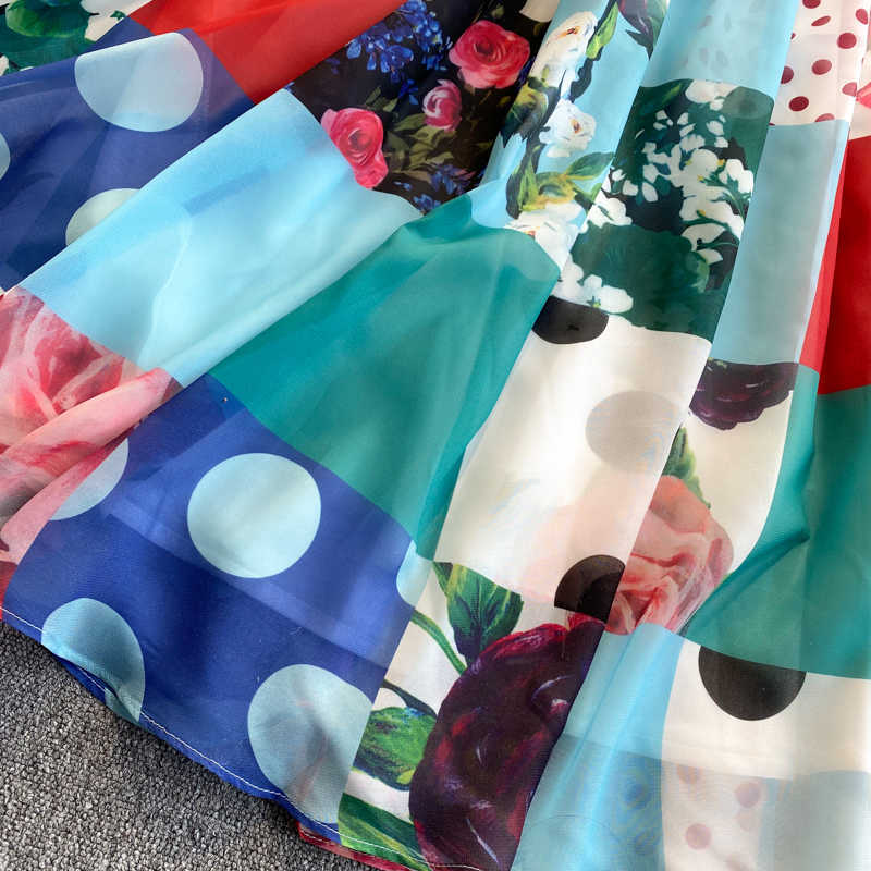 DEAT Spring Arrivals Print Round Collar High Waist Puff Sleeve Spliced Slim A-line Office Lady Chiffon Dress MZ473 210709