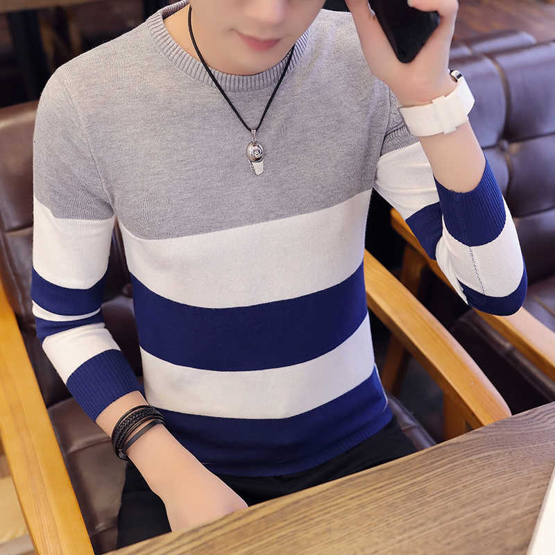 Casual Men Sweater Color Block Patchwork O Neck Long Sleeve Knitted Sweaters Top Blouse For Warm Men's Clothing Striped C251 210929