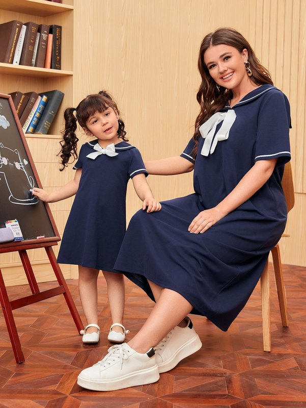 Toddler Girls Sailor Collar Knot Front Tunic Dress SHE
