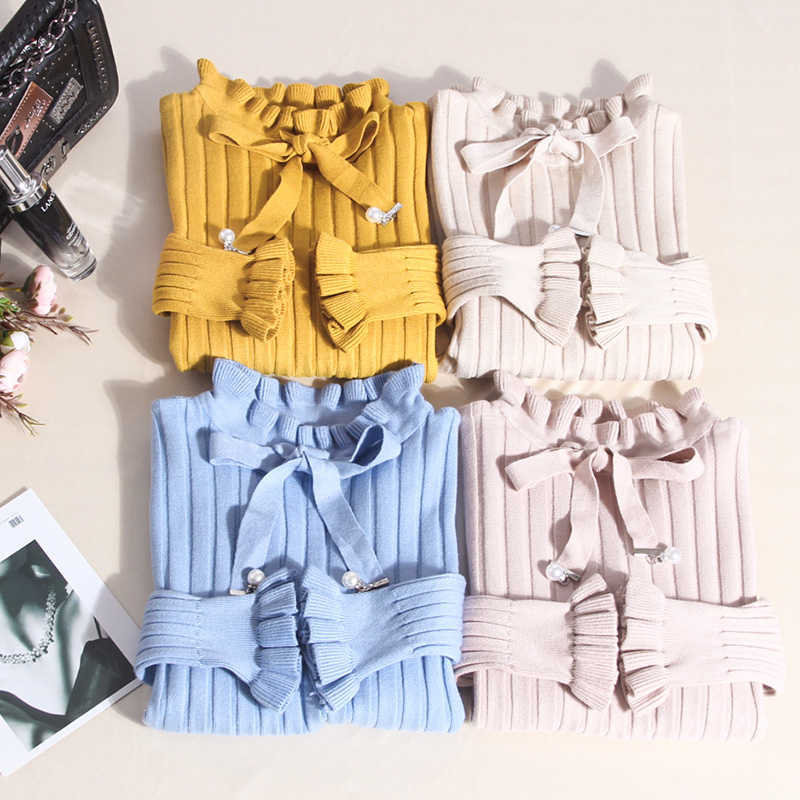 Autumn Winter Sweater Women Slim Elegant Office Wear Lotus Leaf Long Sleeved Pullover Knitted Woman Solid Bow Pearl Sweaters 211018