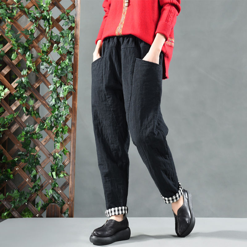 Autumn Winter New Arts Style Women Elastic Waist Loose Cotton Linen Harem Pants quilted Cotton Big pocket Vintage Pants S404 201012