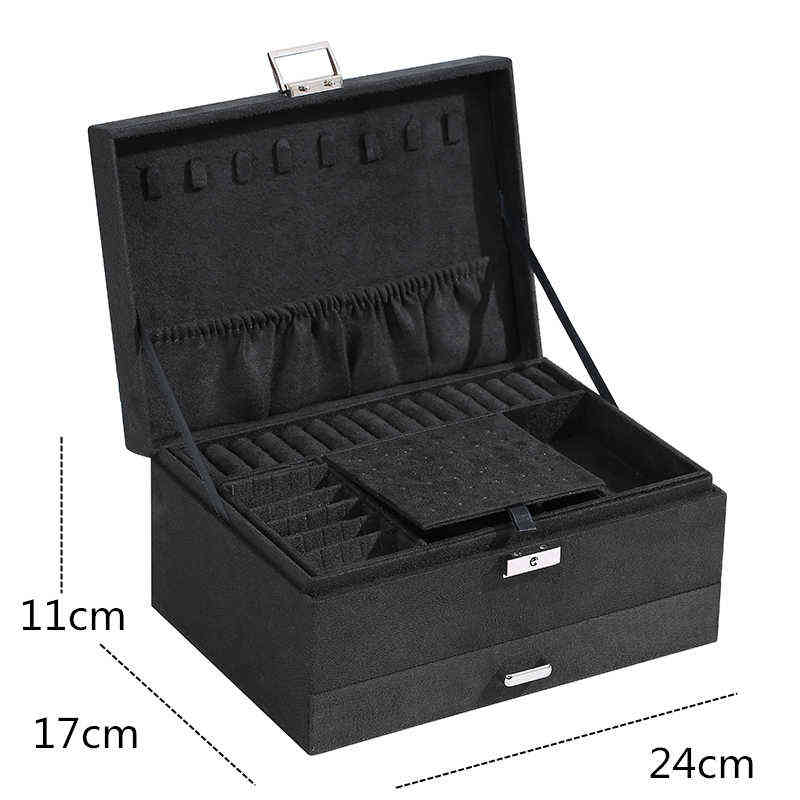 WE Oversized 3-layes Black Flannel Jewelry Box boite a bijou Jewelry Organizer Necklace Earring Ring Storage Box for Women Gifts 220105
