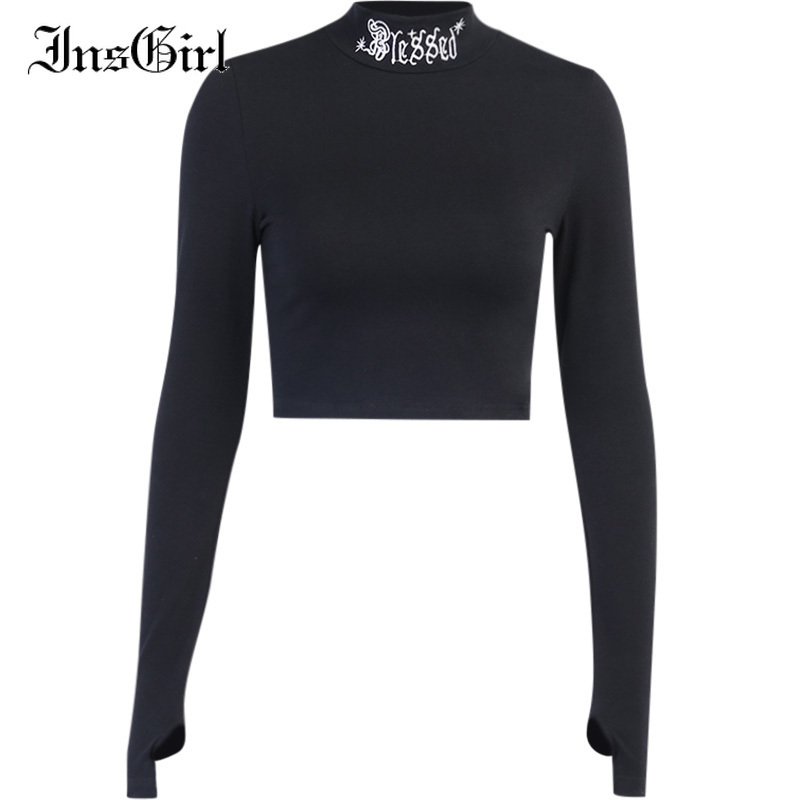 InsGirl Dark Goth T-shirt Women Blessed Letter Embroidered Turtleneck Slim Tumblr Clothes Y2K E-girl Punk Street Bottom Top Tees 210302