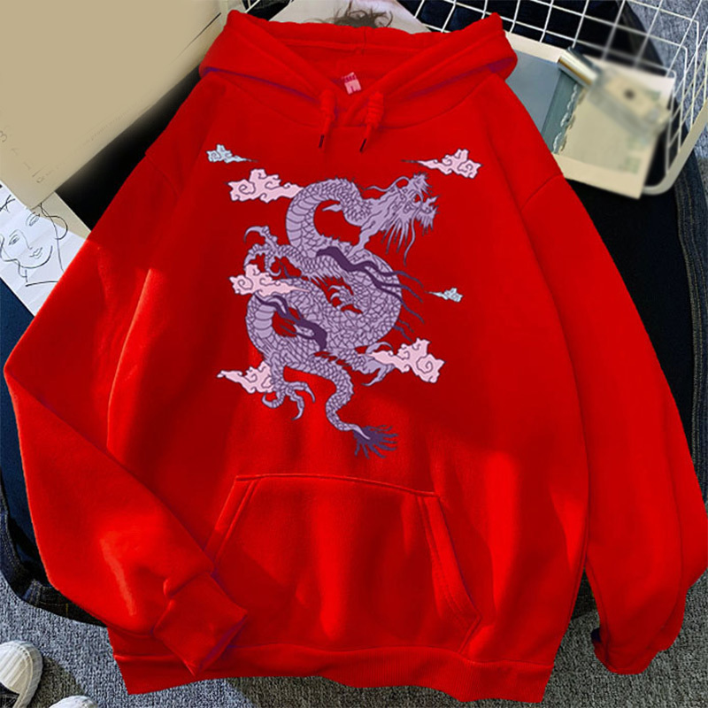 Autumn Dragon Pattern Print Fleece Women Hoodies Drawstring Purple Pocket Female Sweatshirts Fashion Casual Lady Pullover 201102