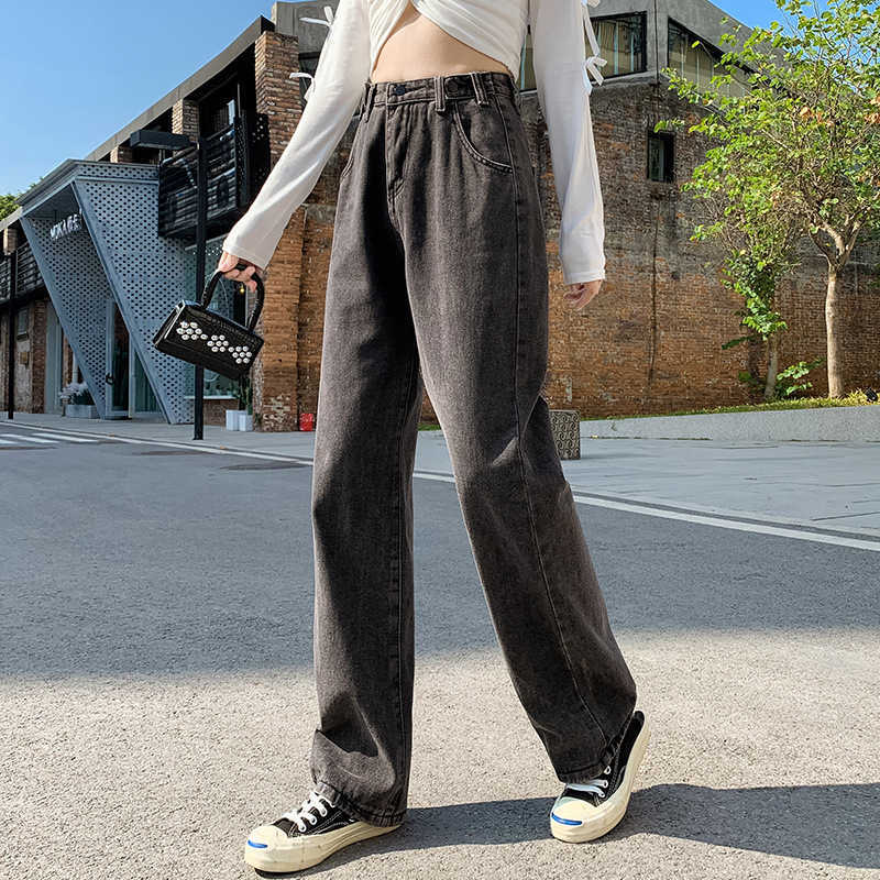 Straight high waist jeans woman denim pants Full Length trousers clothing plus size black korean fashion streetwear 210809