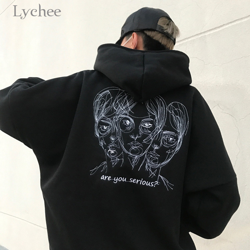 Lychee Harajuku Punk Autumn Winter Women Hooded Sweatshirt Head Embroidery Long Sleeve Casual Loose Fleece Hoodies Tracksuit 201030