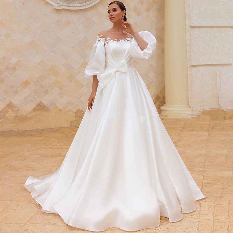 Puff Sleeve Wedding Dresses Bridal Gowns Appliqued Chic Satin A e Plus Size Beach Princess Long Bride Dress Vestido de Noiva