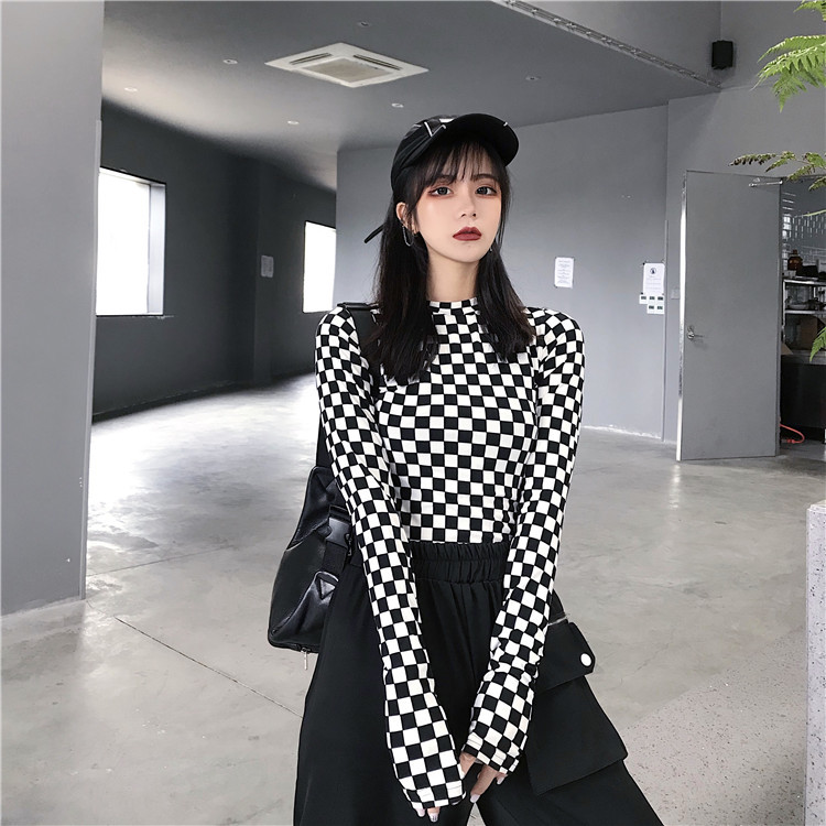Black & White Checkered Mesh Top Long Sleeve Mock Neck Cropped Top Women's T-shirts Altgirl Outfit / 210302