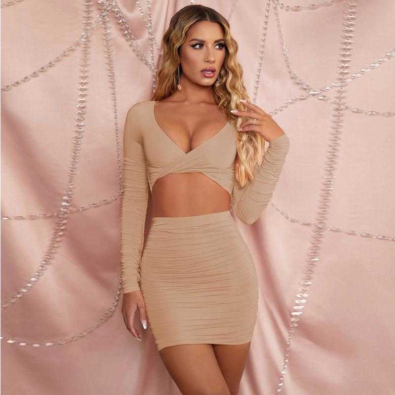 Colysmo Solid Ruched 2 Pieces Set Women Long Sleeve V Neck Tops Mini Skirt Bodycon Sexy Party Night Two Piece 210527