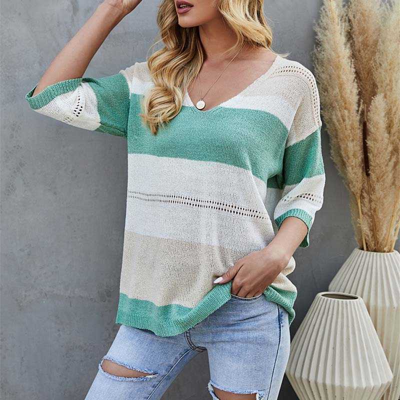 Summer Women Stripe Contrast Color Patchwork Knitting T Shirt Deep V Neck Half Sleeve Hollow Casual Loose Streetwear Beach Tops 210608, Khaki
Summer Women Stripe Contrast Color Patchwork Knitting T Shirt Deep V Neck Half Sleeve Hollow Casual Loose Streetwear Beach Tops 210608, Khaki