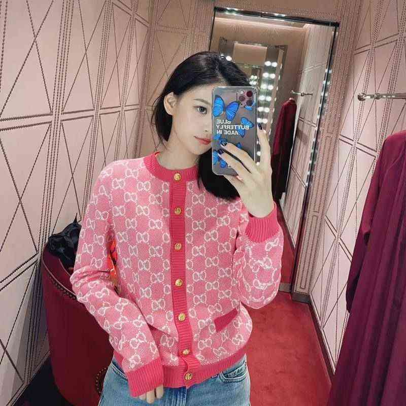 20 Autumn High Quality French Double g Letter Jacquard Round Neck Knitted Cardigan Temperament Loose Coat Women от DHgate WW