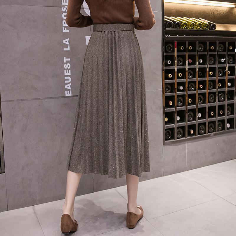 Women shiny skirt Women fashion retro Style High Waist pleated Skirt Autumn Winter office lady Thick warm skirts 210306
