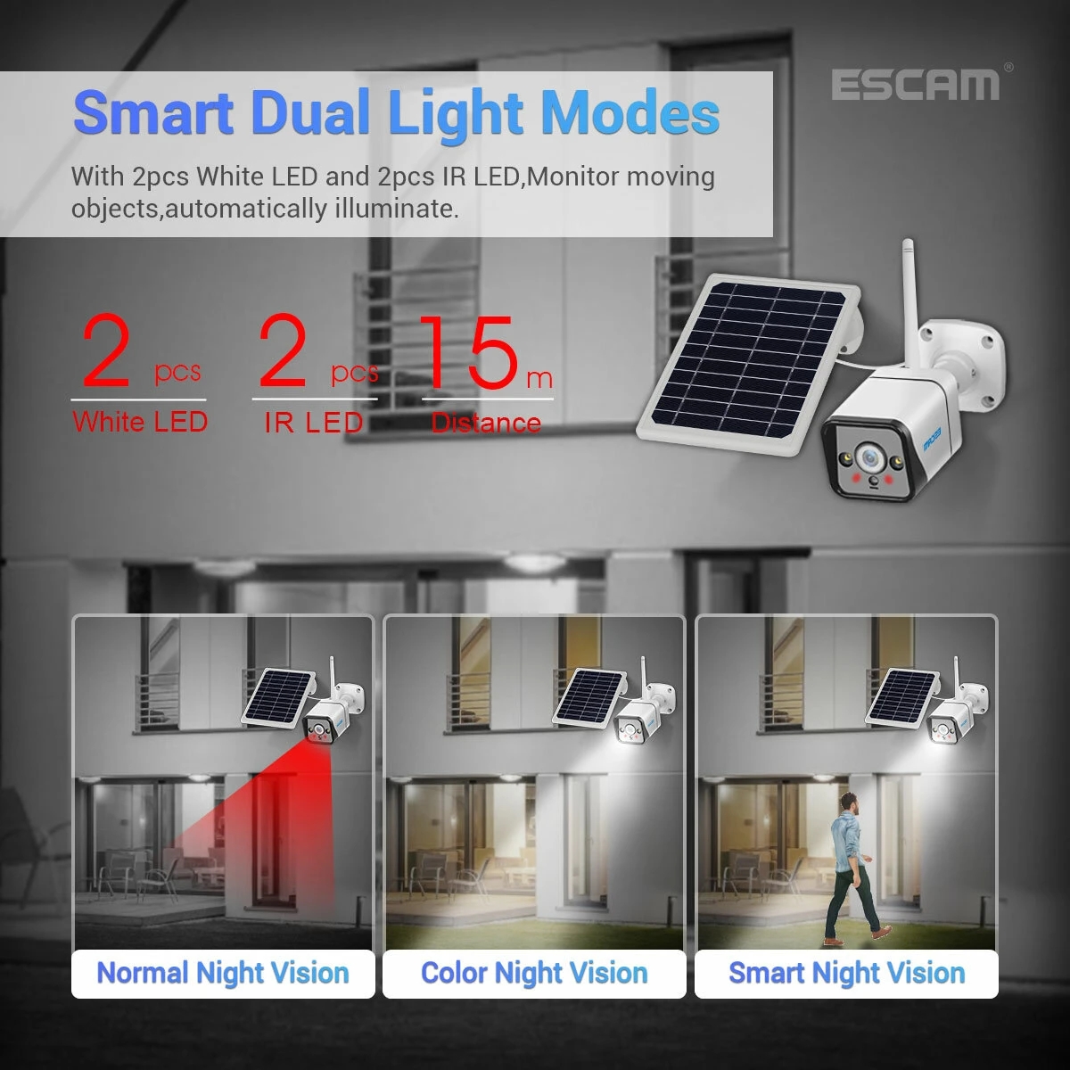 ESCAM QF120 1080P WIFI Battery PIR Alarm IP Camera With Solar Panel Full Color Night Vision Two Way Audio IP66
