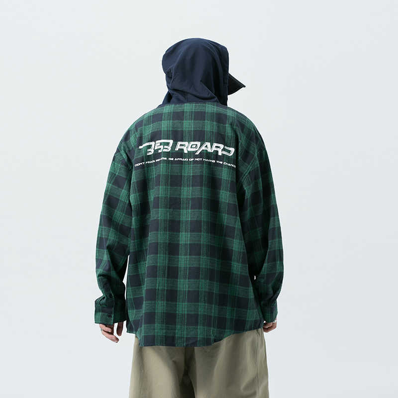 LIFENWENNA Hip Hop Plaid Long Sleeve Shirts Streetwear Mens Casual Hooded Tops Shirts Loose Shirt Streetwear For Men M-5XL 210528